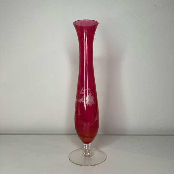 Sold - Antique Vintage Cranberry Floral Etched Glass Vase - Picture 1 of 7